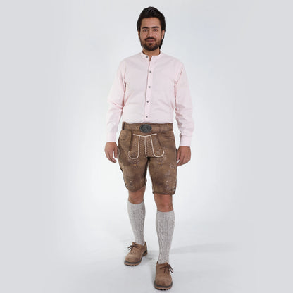 Brown suede lederhosen with subtle beige embroidery, decorative horn-style side buttons and classic metal buckle belt