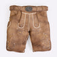 Brown suede lederhosen with subtle beige embroidery, decorative horn-style side buttons and classic metal buckle belt