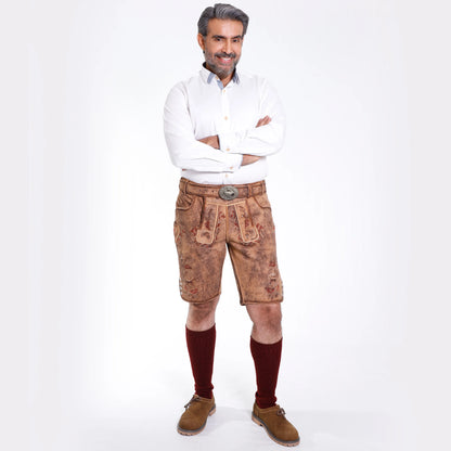 Brown suede lederhosen with red and beige embroidery, decorative side buttons and vintage metal buckle belt