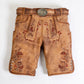 Brown suede lederhosen with red and beige embroidery, decorative side buttons and vintage metal buckle belt