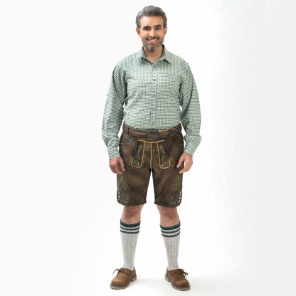 Brown suede lederhosen with green embroidered detailing, decorative side buttons and vintage silver buckle belt