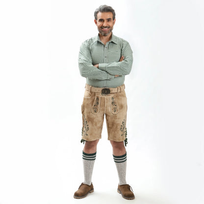 White suede lederhosen with green oak leaf embroidery, side lace ties and decorative silver-tone buckle belt