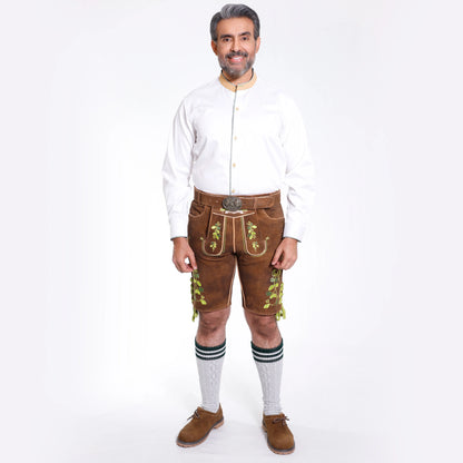 Brown suede lederhosen  with blue floral embroidery, deer motifs and decorative side buttons with matching belt