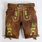 Brown suede lederhosen  with blue floral embroidery, deer motifs and decorative side buttons with matching belt