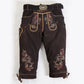Black bundhosen with embroidered deer and floral motifs, decorative front flap, side pocket, and stag buckle belt