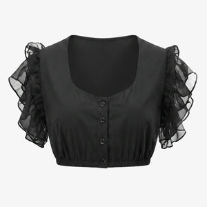Womens German Dirndl Blouse Jet Black Frill Glamour