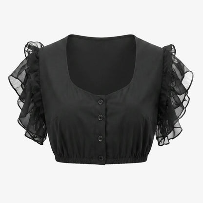 Womens German Dirndl Blouse Jet Black Frill Glamour