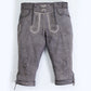 Gray suede bundhosen with decorative embroidery, front flap closure, side pockets, and adjustable leg ties