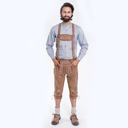 Brown suede bundhosen with decorative embroidery, front flap, side pocket, and deer motifs on legs