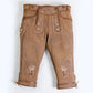 Brown suede bundhosen with decorative embroidery, front flap, side pocket, and deer motifs on legs