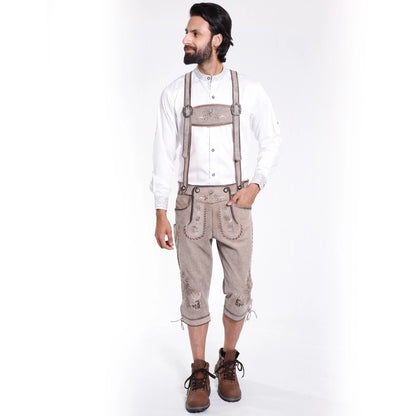 Gray suede bundhosen with embossed detailing, front flap panel, side pocket, and deer motif accents on the legs