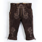 Brown bundhosen with embroidered deer and floral motifs, decorative front flap, side pocket