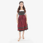 Elegant black and burgundy women's Dirndl dress featuring a floral-patterned bodice, deep maroon satin apron with side bow, full skirt, and traditional Bavarian design for Oktoberfest and festive occasions.
