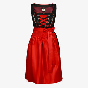 Black dirndl dress with vibrant red apron, floral embroidery, ribbon lacing, perfect for Oktoberfest, Bavarian festivals, traditional celebrations, and cultural events