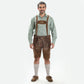 Brown suede lederhosen with detailed white embroidery, decorative side buttons and traditional Bavarian styling