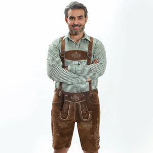 Brown suede lederhosen with detailed white embroidery, decorative side buttons and traditional Bavarian styling
