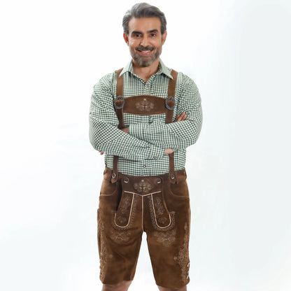 Brown suede lederhosen with detailed white embroidery, decorative side buttons and traditional Bavarian styling