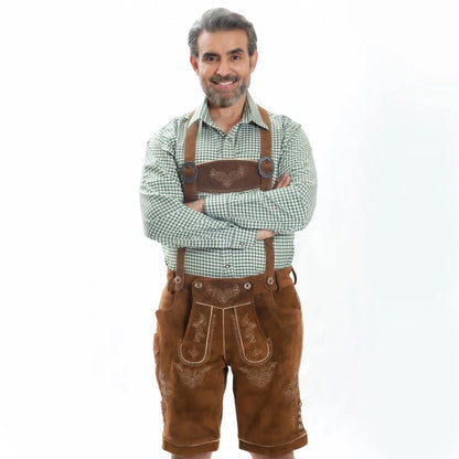 Brown suede lederhosen with white embroidered detailing, decorative metal buttons and contrast piping accents