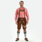 Men's brown suede Lederhosen with Austrian eagle embroidery, red accents, decorative side buttons, and traditional front flap