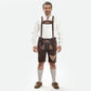 Brown suede lederhosen shorts with red and white embroidery, eagle crest detailing and decorative metal side buttons