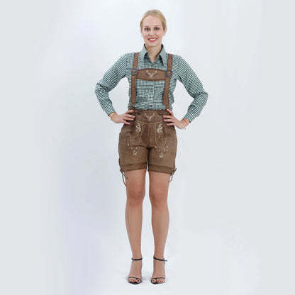 Brown Bavarian-style lederhosen shorts for women featuring ornate embroidery, front bib, and lace-up leg hems