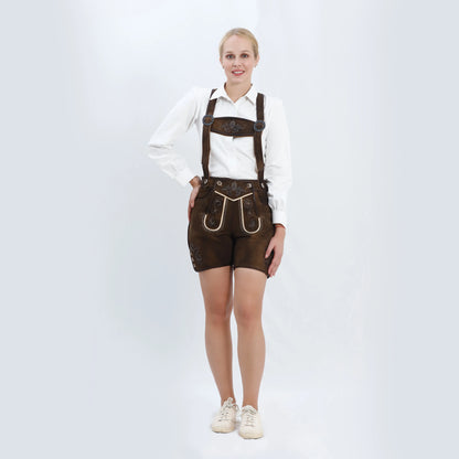 Brown women lederhosen with cream piping, floral embroidery, decorative front flap, and metal button accents