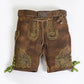Brown suede lederhosen with green oak leaf embroidery, side lace ties and decorative silver-tone buckle belt