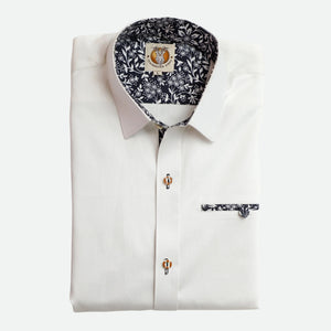 Men's Trachten Shirt Crisp White Button-Up with Blackish Cuffs and Pocket
