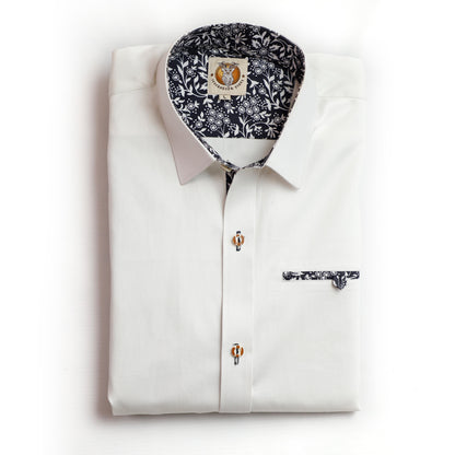 Men's Trachten Shirt Crisp White Button-Up with Blackish Cuffs and Pocket