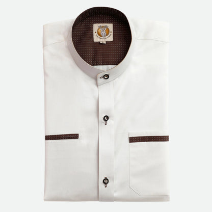 Men's Lederhosen Shirt Alpine White with Rich Brown Polka Details