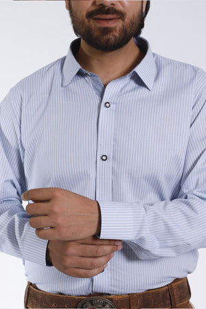Men's Trachten Shirt Festive Blue Striped with Elegant Black Buttons