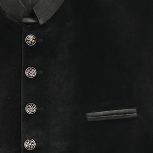 Black men's Trachten waistcoat featuring a stand-up collar, silver-tone buttons, and a timeless Bavarian vest style for Oktoberfest outfits