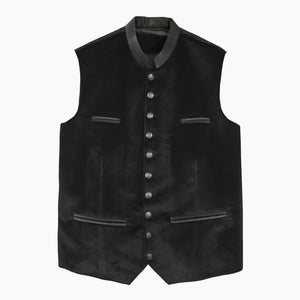 Black men's Trachten waistcoat featuring a stand-up collar, silver-tone buttons, and a timeless Bavarian vest style for Oktoberfest outfits