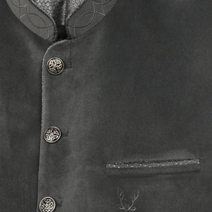 Men's Slate Grey Trachten Waistcoat with a stand collar, decorative metal buttons, and a classic Bavarian design for Oktoberfest attire
