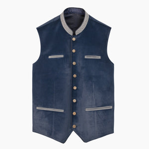 Elegant blue suede Lederhosen vest coat for men with a tailored fit, stand collar, contrasting grey trim, and decorative buttons inspired by Bavarian Trachten fashion