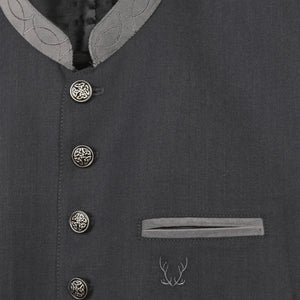 Men's black woven Trachten vest with a stand-up collar, silver-tone buttons, and a traditional Bavarian style for Oktoberfest clothing