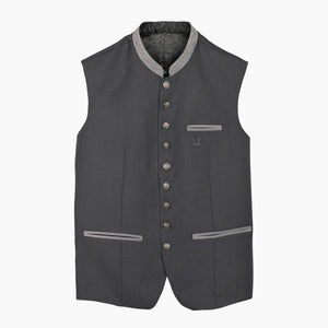 Men's black woven Trachten vest with a stand-up collar, silver-tone buttons, and a traditional Bavarian style for Oktoberfest clothing