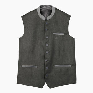 Elegant grey wool Lederhosen waistcoat for men with a tailored fit, stand collar, and decorative buttons inspired by authentic Bavarian Trachten fashion