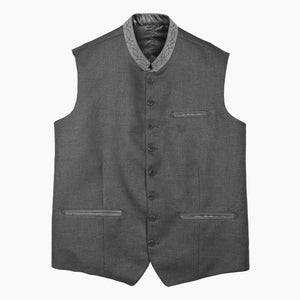 Men's Wool Steel Grey Trachten Waistcoat with a stand collar, covered buttons, and a classic Bavarian design for Oktoberfest outfits