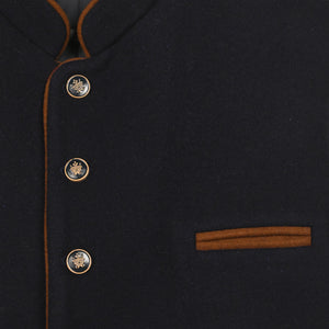Deep navy tweed Trachten vest for men featuring a stand-up collar, contrast brown piping, and traditional Bavarian styling for Oktoberfest