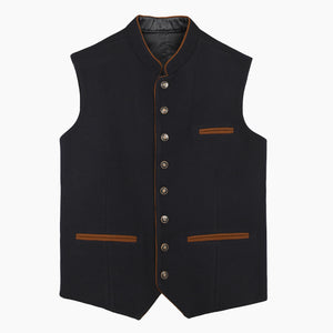 Deep navy tweed Trachten vest for men featuring a stand-up collar, contrast brown piping, and traditional Bavarian styling for Oktoberfest